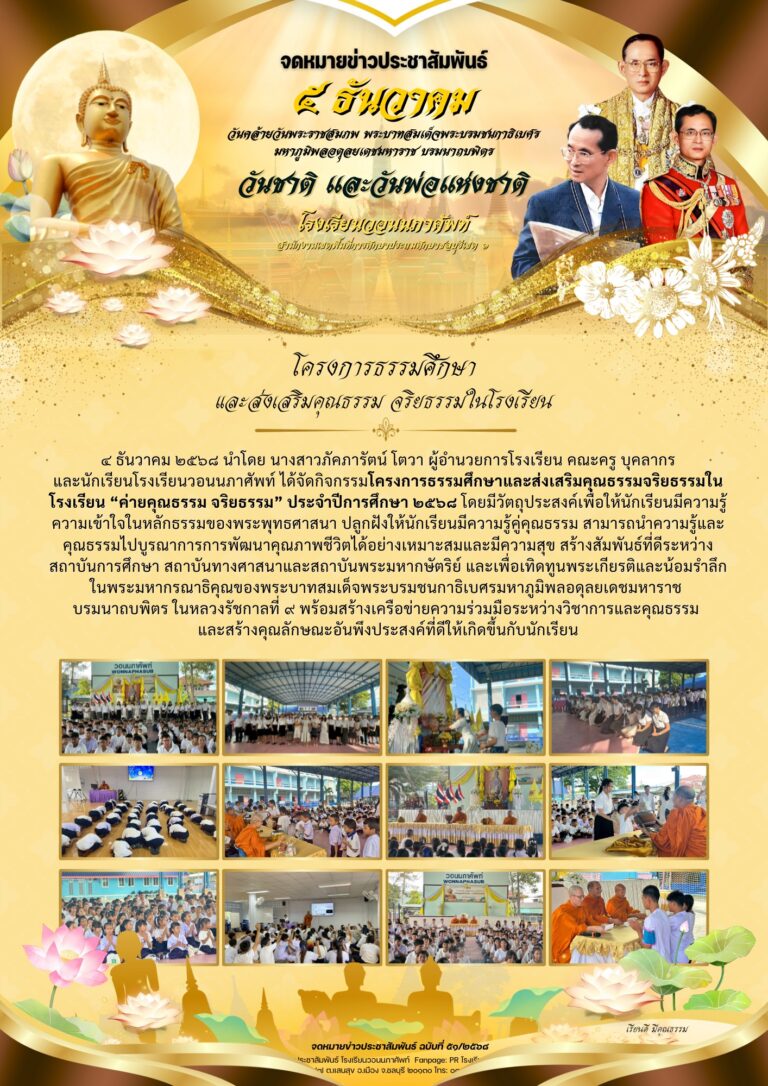 ๔ ธันวาคม ๒๕๖๘ นำโดย นางสาวภัคภารัตน์ โตวา ผู้อำนวยการโรงเรียน คณะครู บุคลากร และนักเรียนโรงเรียนวอนนภาศัพท์ ได้จัดกิจกรรมโครงการธรรมศึกษาและส่งเสริมคุณธรรมจริยธรรมในโรงเรียน “ค่ายคุณธรรม จริยธรรม” ประจำปีการศึกษา ๒๕๖๘