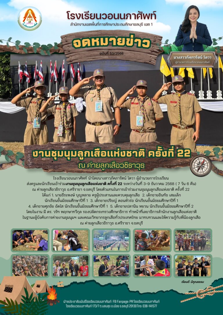 โรงเรียนวอนนภาศัพท์นำโดยนางสาวภัคภารัตน์ โตวา ผู้อำนวยการโรงเรียนส่งครูและนักเรียนเข้าร่วมงานชุมนุมลูกเสือแห่งชาติครั้งที่ 22 ระหว่างวัน 3-9 ธันวาคม 2568 ( 7 วัน 6 คืน)ณ ค่ายลูกเสือวชิราวุธ อ.ศรีราชา จ.ชลบุรี