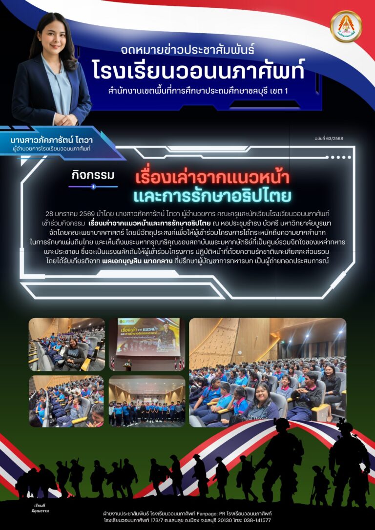 28 มกราคม 2569 นำโดย นางสาวภัคภารัตน์ โตวา ผู้อำนวยการ คณะครูและนักเรียนโรงเรียนวอนนภาศัพท์ เข้าร่วมกิจกรรม เรื่องเล่าจากแนวหน้าและการรักษาอธิปไตย ณ หอประชุมธำรง บัวศรี มหาวิทยาลัยบูรพา