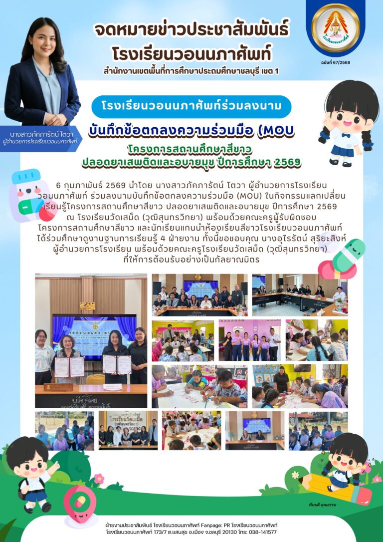 6 กุมภาพันธ์ 2569 นำโดย นางสาวภัคภารัตน์ โตวา ผู้อำนวยการโรงเรียนวอนนภาศัพท์ ร่วมลงนามบันทึกข้อตกลงความร่วมมือ (MOU) ในกิจกรรมแลกเปลี่ยนเรียนรู้โครงการสถานศึกษาสีขาว ปลอดยาเสพติดและอบายมุข ปีการศึกษา 2569  